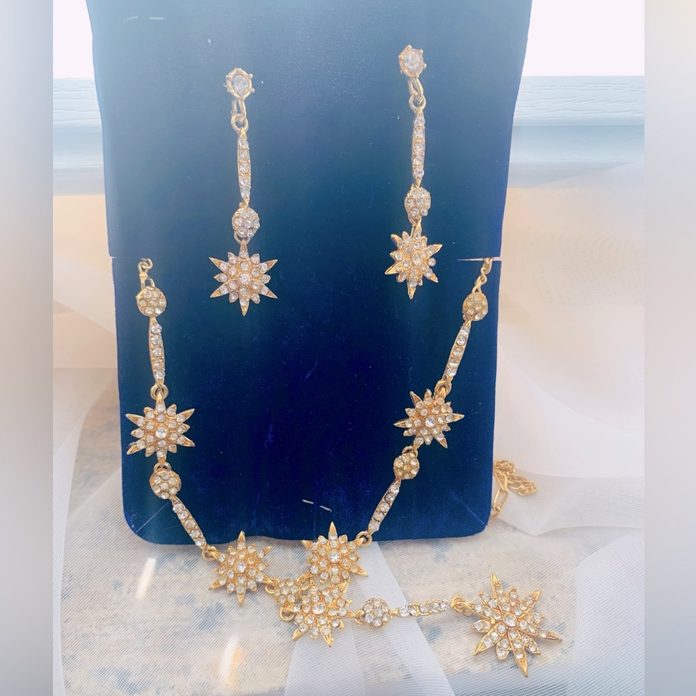 Star Indian Fashion Jewelry Necklace Earring Set Gold White Rhinestone Crystal - Picture 3 of 5